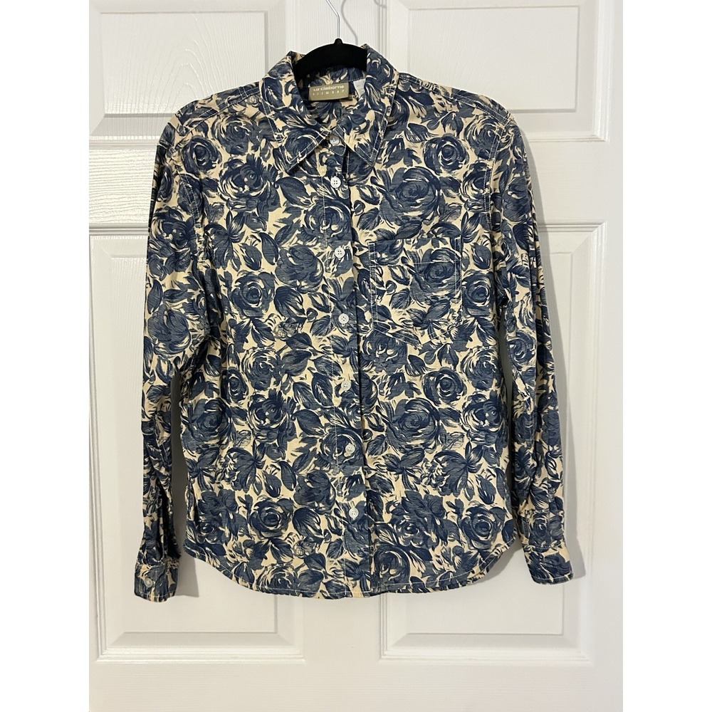 Liz Claiborne LizSport Womens Small Floral Button Up‎ Shirt Top Blue Long Sleeve